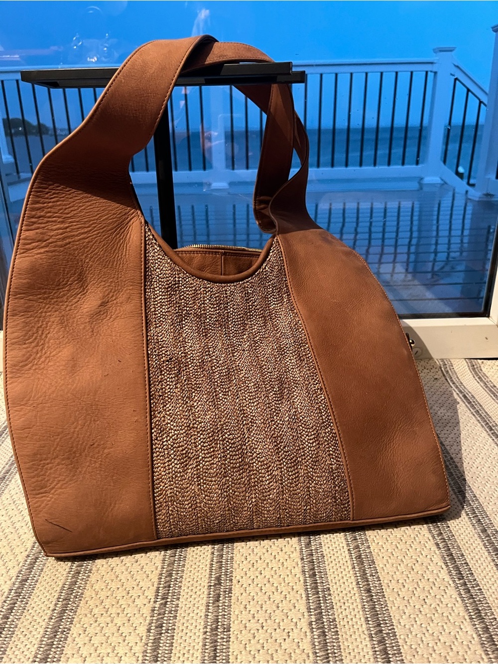 Stewart Weitzman Brown Leather & Woven Panel Tote Bag, Unique